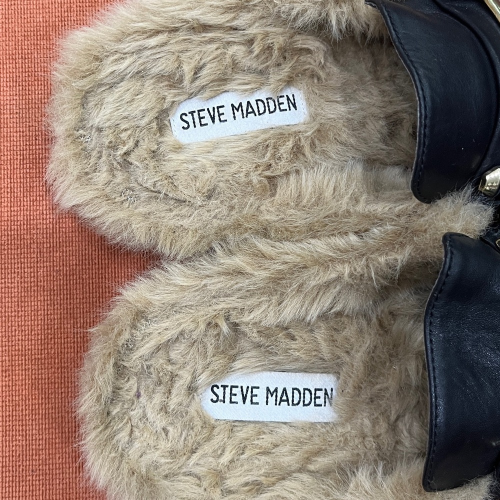 Steve Madden Black Leather King Tiger Embroidered Faux Fur Mule Shoes 9.5 US - Picture 6 of 11